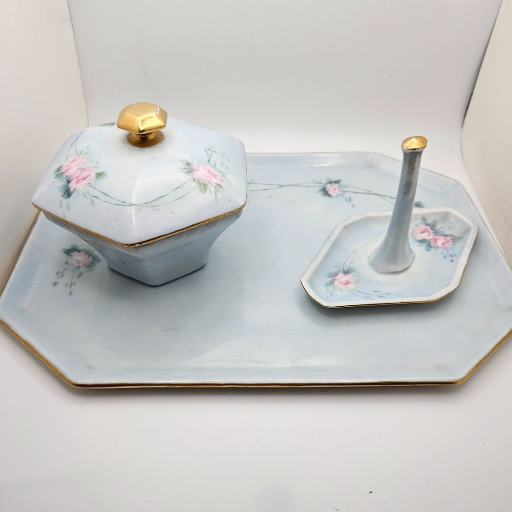 Antique T&V Limoges France 3 Pc Vanity Set Blue Pink Roses Tray Powder Jar